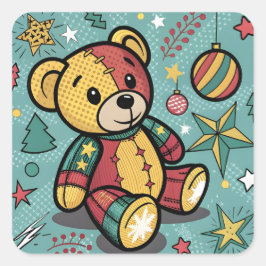 Grappige Patchwork Kerst Teddy Bear Vierkante Sticker