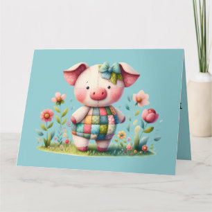 Grappige patchwork varken in bloementuin bedankkaart
