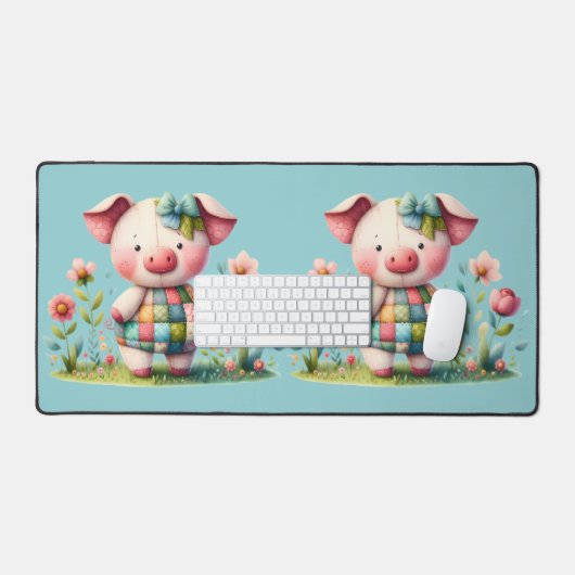 Grappige patchwork varken in bloementuin bureaumat (Keyboard & Muis)