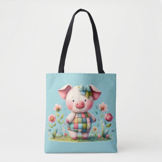 Grappige patchwork varken in bloementuin draagtas (Voorkant)