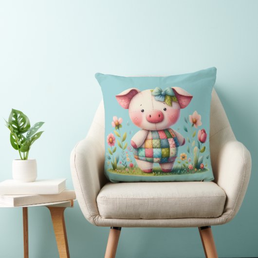 Grappige patchwork varken in bloementuin kussen (Stoel)