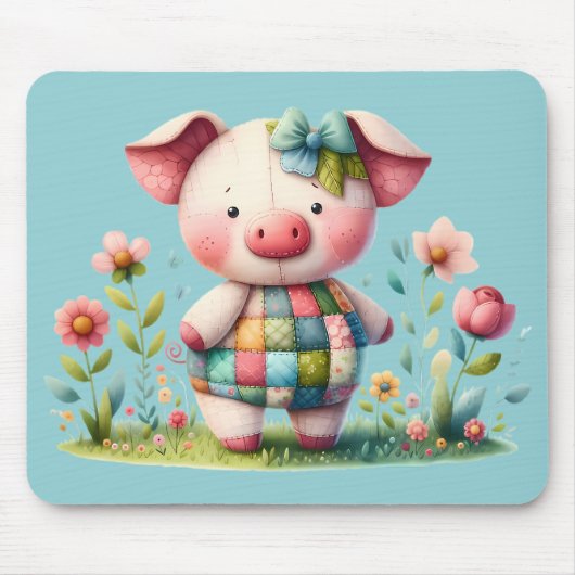 Grappige patchwork varken in bloementuin muismat (Voorkant)