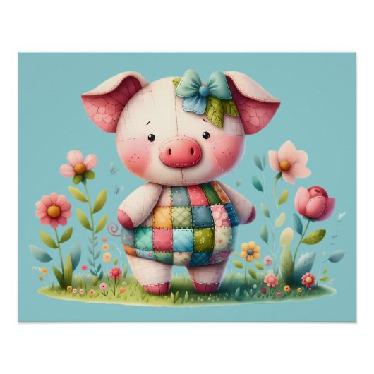 Grappige patchwork varken in bloementuin perfect poster (Voorkant)