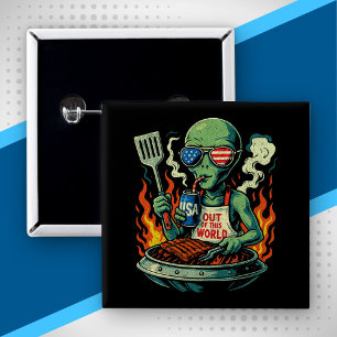 Grappige Patriotische Alien Grillende Retro Amerik Vierkante Button 5,1 Cm