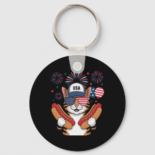 Grappige Patriotische Kat Hotdog Amerikaanse Vlag Sleutelhanger