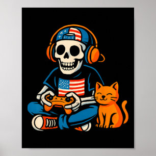 Grappige Patriotische Skelet Gamer Cartoon Videosp Poster