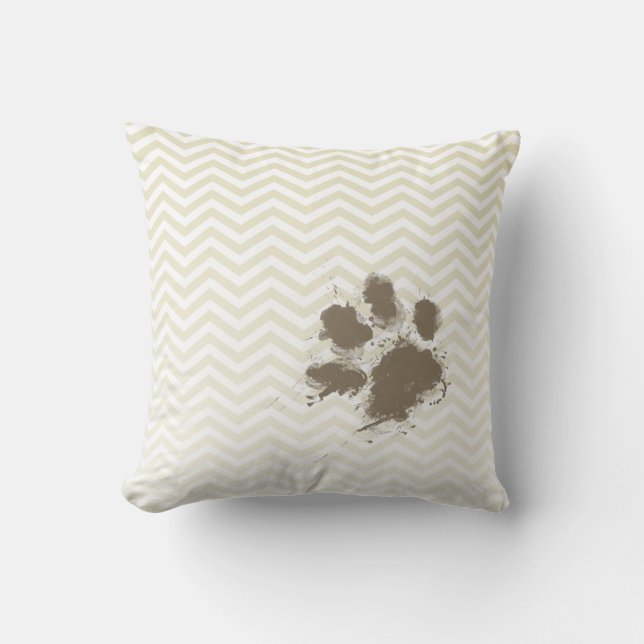 Grappige Pawprint op Beige Chevron; zig zag Kussen (Voorkant)