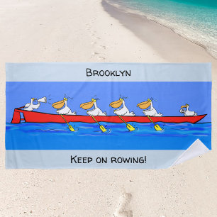 Grappige pelikanen roeien team cartoon gepersonali strandlaken