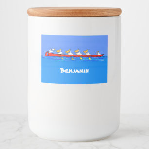 Grappige pelikanen roeiend cartoon illustratie voedselcontainer etiket