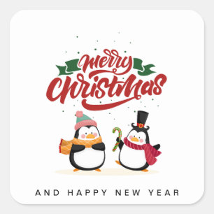 Grappige Pinguïn Kerstkaart, Prettig Kerstfeest Vierkante Sticker