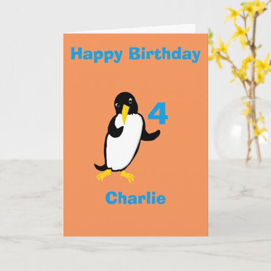 Grappige pinguïn Verjaardag, naam leeftijd voorzij Kaart (Gele Bloem)
