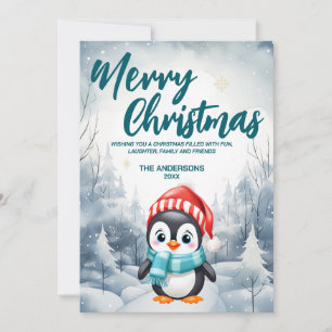 Grappige Pinguïn vogel Vrolijk kerstboom sneeuw Va Feestdagenkaart