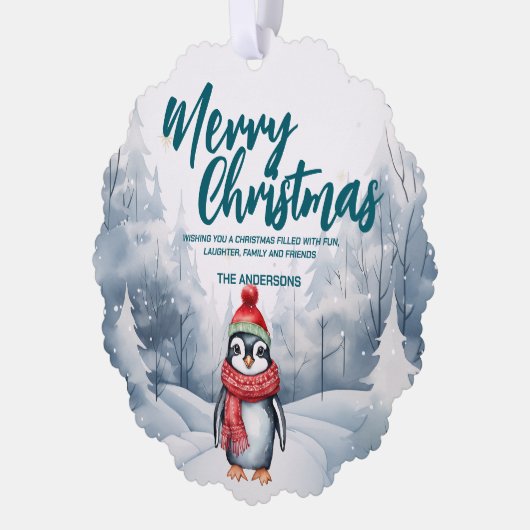 Grappige Pinguïn vogel Vrolijk kerstboom sneeuw Va Ornament Kaart (Links)