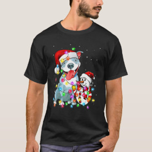 Grappige Pitbull Hond Kerst T-shirt Sneeuwman Kers