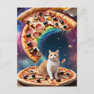 Grappige pizza kat in de ruimte Drijvende pizza's Briefkaart