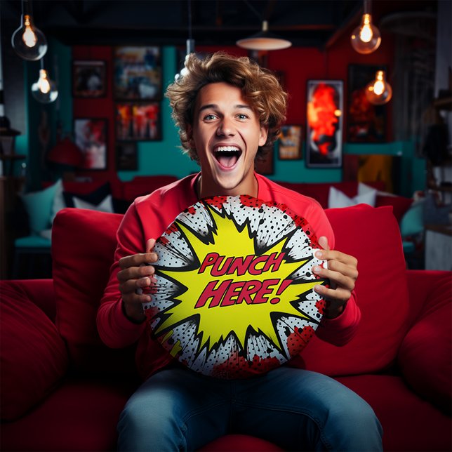 Grappige Pop Art "Punch Here" Rond Kussen (Funny Pop Are "Punch Here" Pillow)