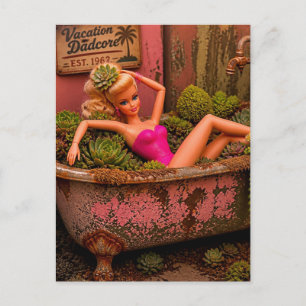 Grappige pop in een badkuip met planten Leuke tuin Briefkaart