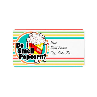 Grappige popcorn; heldere regenboogstrepen etiket