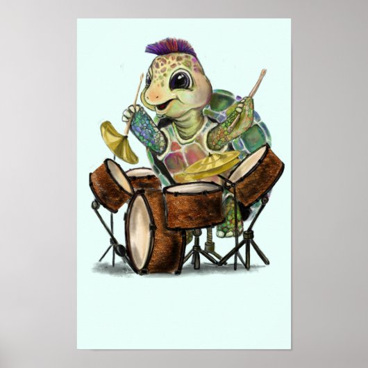 Grappige Poster met Schildpad Drummer - Schilderij (Voorkant)