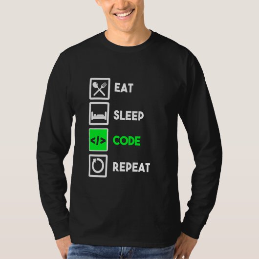 Grappige Programmeur Eat Slaap Code Herhalen T-shirt (Voorkant)