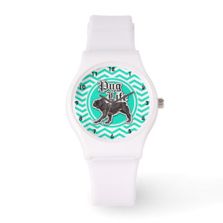 Grappige Pug; Aqua Chevron Horloge