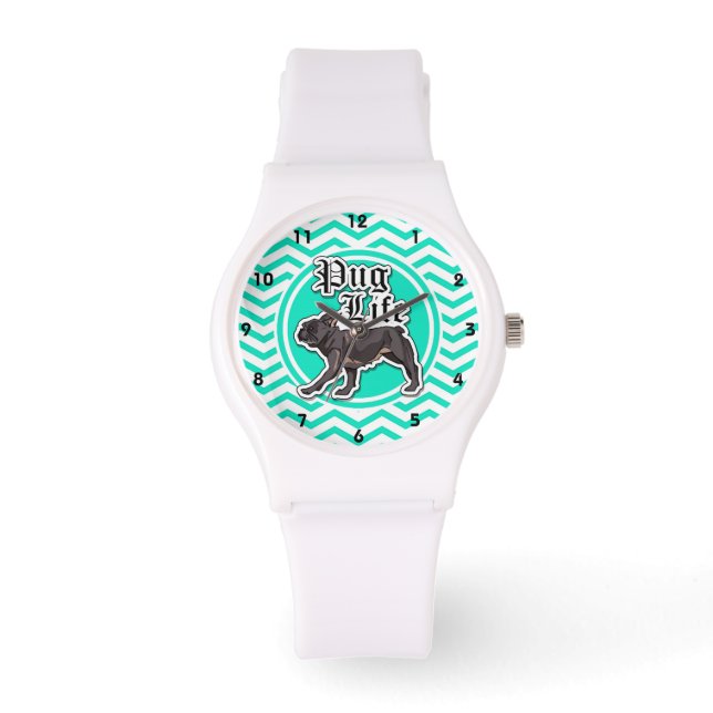 Grappige Pug; Aqua Chevron Horloge (Voorkant)