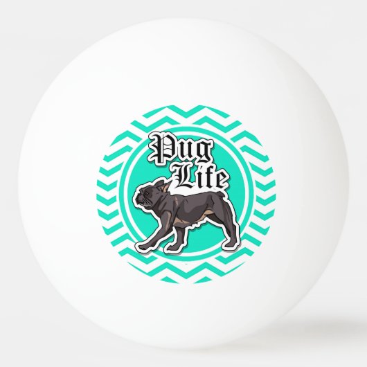 Grappige Pug; Aqua Chevron Pingpongballen (Achterkant)