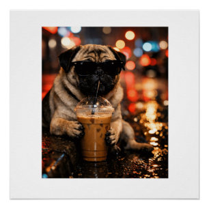 Grappige Pug Drinkt Iced Coffee Cute Hond Liefhebb Perfect Poster