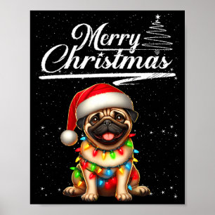 Grappige Pug Hond Kerstlichten Kerstman Hoed Snoep Poster