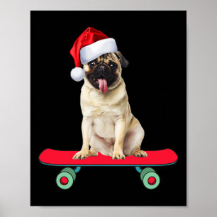 Grappige Pug-hond Skateboarden Kerstman Mannen Vro Poster