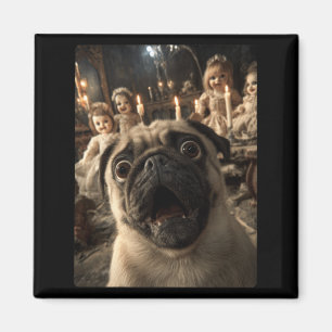 Grappige Pug Selfie Met Griezeldollen Griezelig Magneet