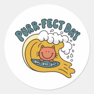 Grappige Purrfecte Dag Surfende Kat Retro Golven L Ronde Sticker