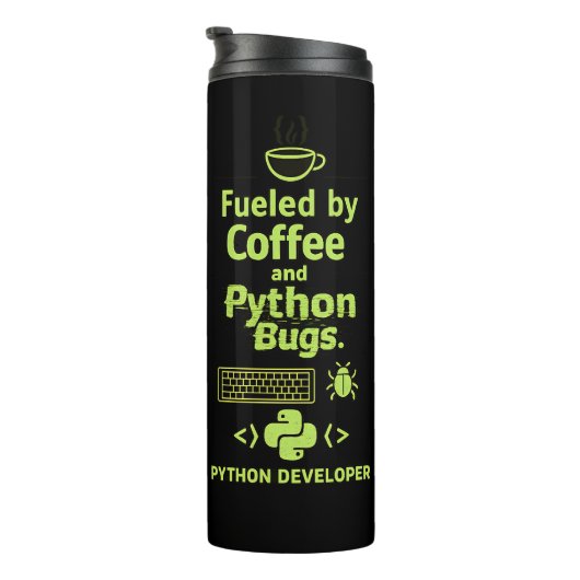 Grappige Python-ontwikkelaar – Gedreven door Coffe Thermosbeker (Geroteerd rechts)