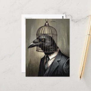 Grappige Raven in een business suit met een kooi h Briefkaart