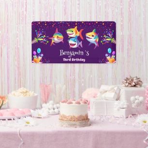 Grappige regenboog haai verjaardag ballon party jo spandoek