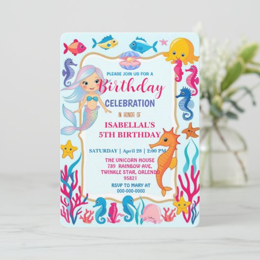 Grappige regenboog zeemeermin octopus ster verjaar save the date (Staand voorkant)