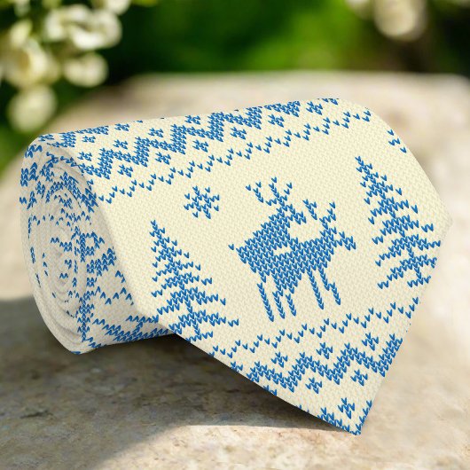 Grappige Rendier Kerstboom Sneeuw Blauw Patroon Stropdas
