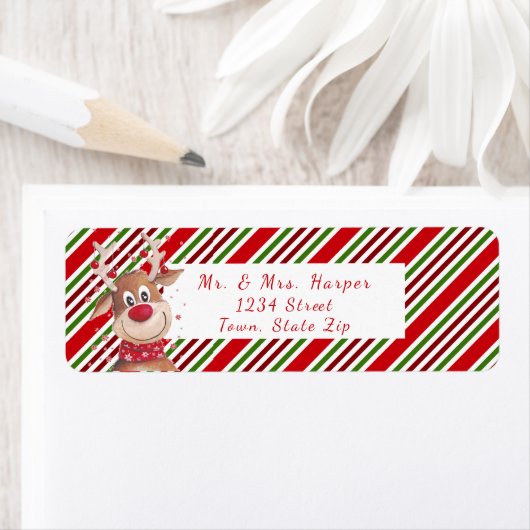 Grappige rendieren grote rode neus rood witte stre etiket (Insitu)