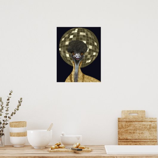 Grappige Retro Gouden Disco Bal Emu Bird Poster (Keuken)