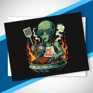 Grappige Retro Groene Alien UFO BBQ Gril Zonnebril Feestdagenkaart