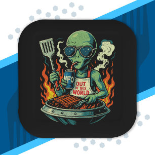 Grappige Retro Groene Alien UFO BBQ Gril Zonnebril Papieren Bordje