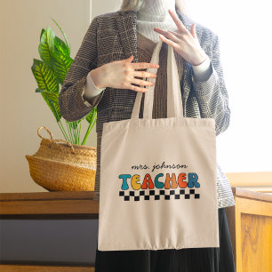 Grappige Retro Groovy & Geruite Leraar Tote Bag