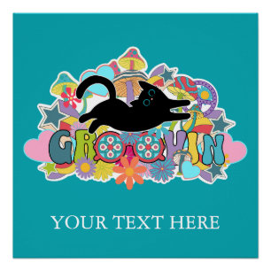 Grappige Retro Paddenstoelen Groovin Bloemen Zwart Perfect Poster