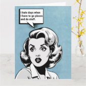 Grappige retro vrouw kaart (Gele Bloem)