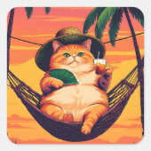 Grappige Retro Zomer Kat Vakantie Vierkante Sticker (Voorkant)