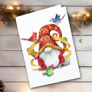 Grappige Ribbon Gnome met Vogels Gevouwen Kerstmis Feestdagen Kaart