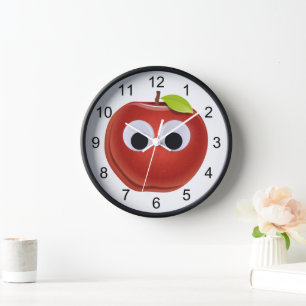Grappige rode appel met beweegbare ogen wandklok