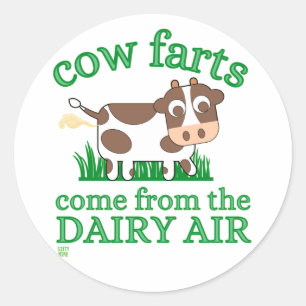 grappige ronde sticker "COW FARTS..."