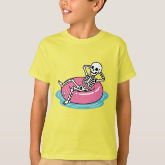 Grappige Roze Cartoon Skelet Loungende Drijfring I T-shirt