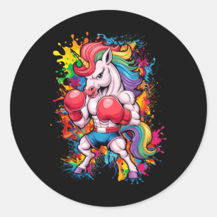 Grappige roze eenhoorn met bokshandschoenen ronde sticker